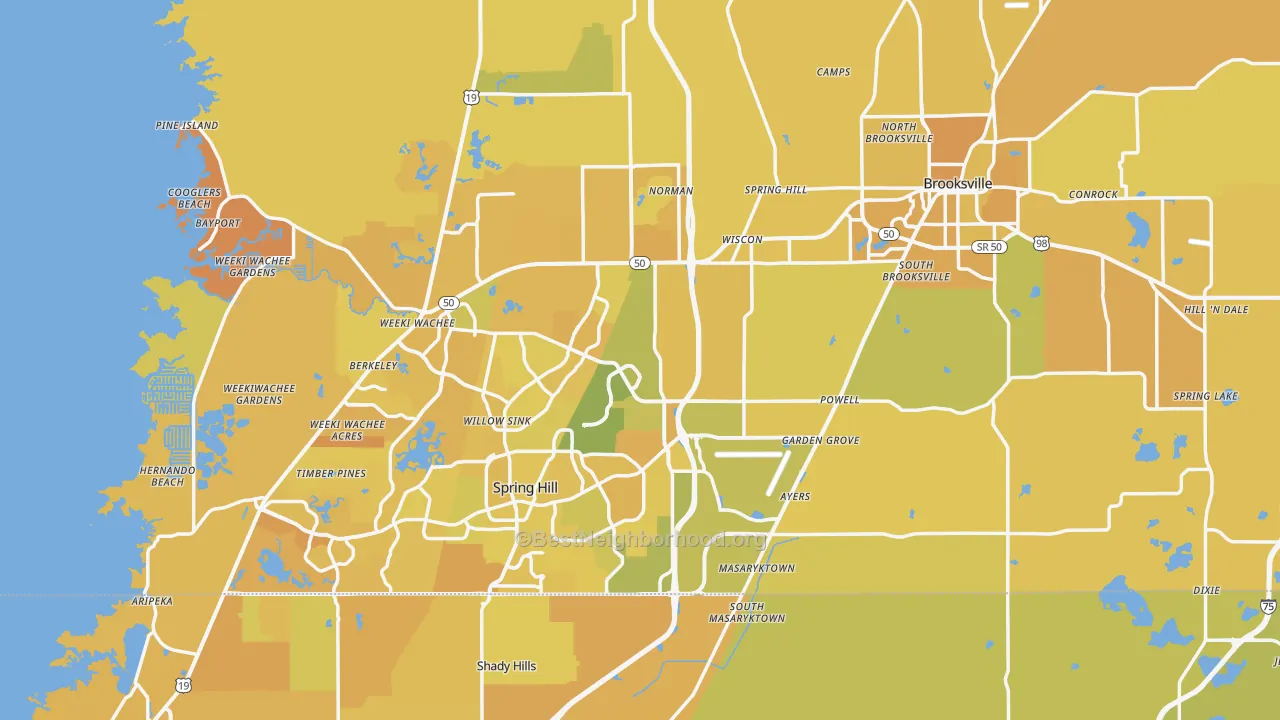 Map of the best neighborhoods in the Hernando County area, with better matches in green and worse matches in red