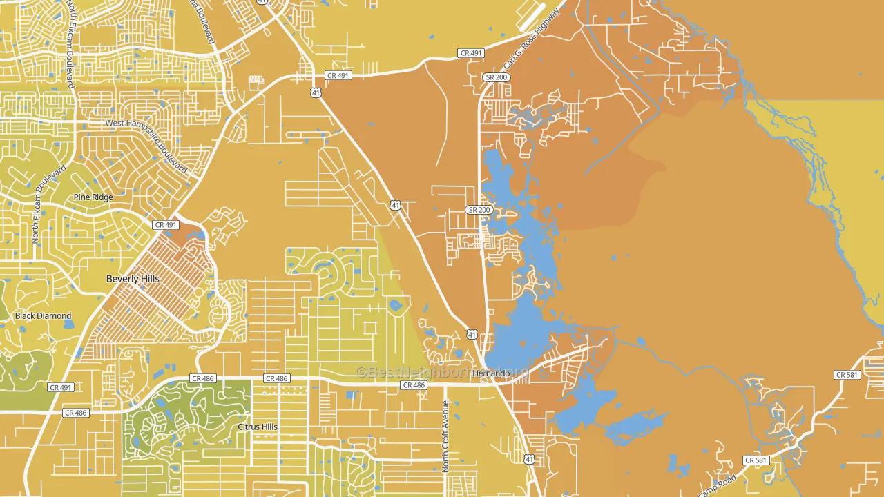 Map of the best neighborhoods in the Hernando area, with better matches in green and worse matches in red