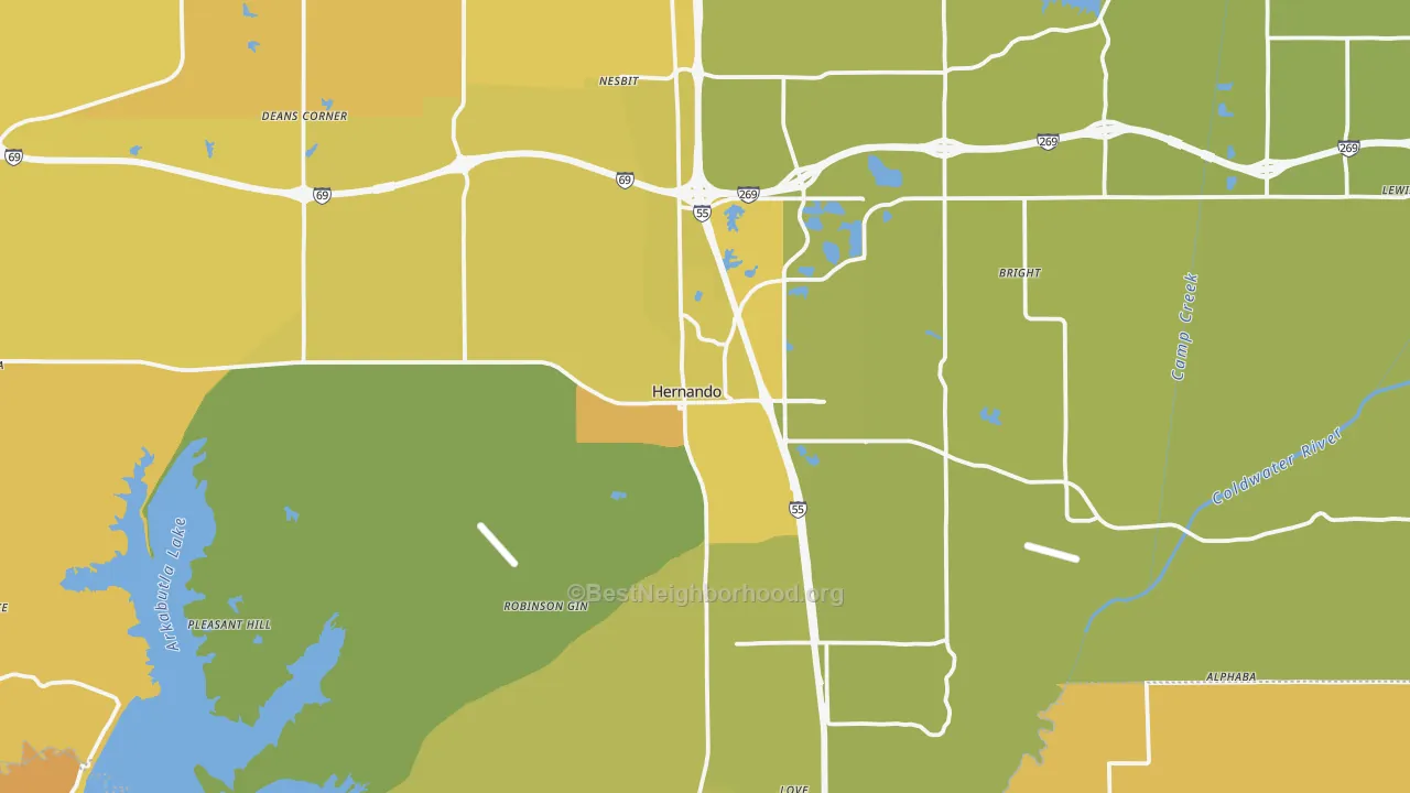 Map of the best neighborhoods in the Hernando area, with better matches in green and worse matches in red