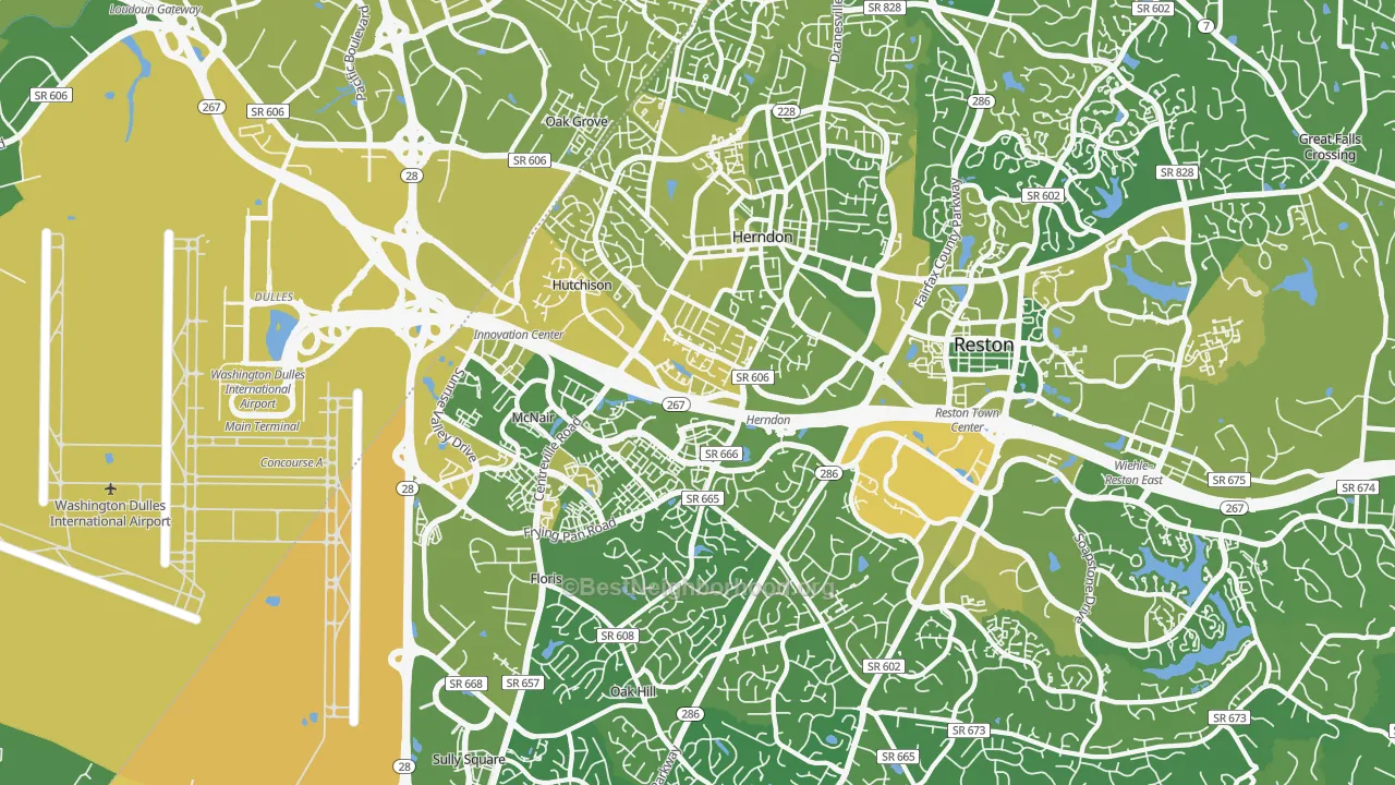Map of the best neighborhoods in the Herndon area, with better matches in green and worse matches in red