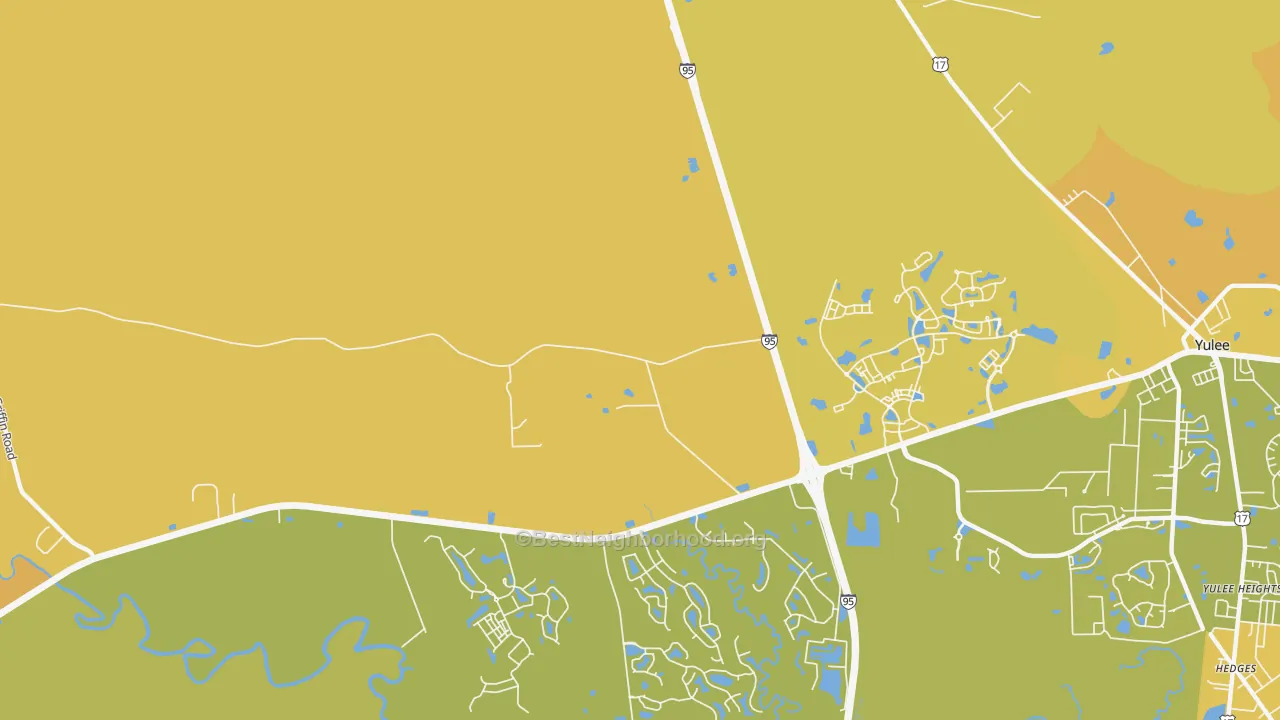 Map of the best neighborhoods in the Hero area, with better matches in green and worse matches in red