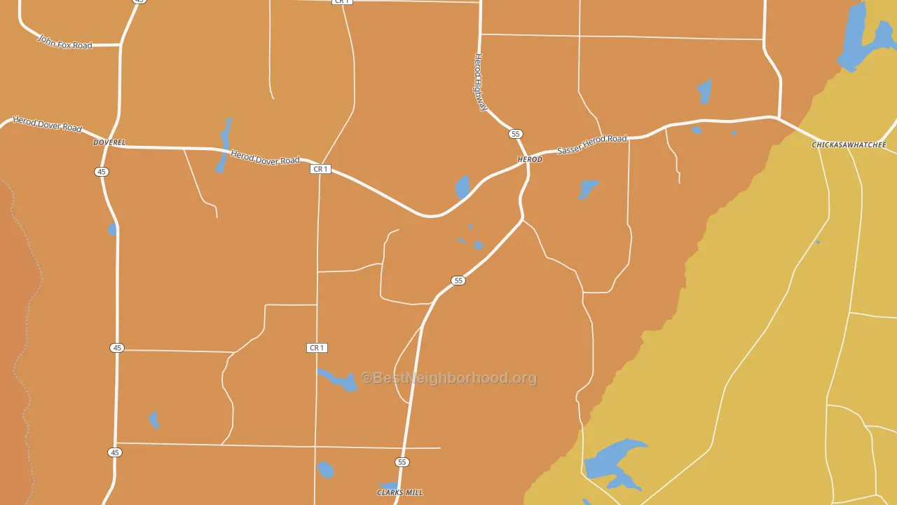 Map of the best neighborhoods in the Herod area, with better matches in green and worse matches in red