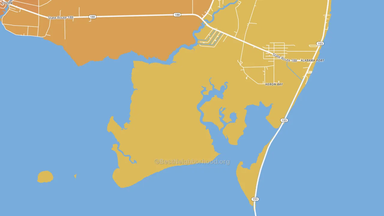 Map of the best neighborhoods in the Heron Bay area, with better matches in green and worse matches in red
