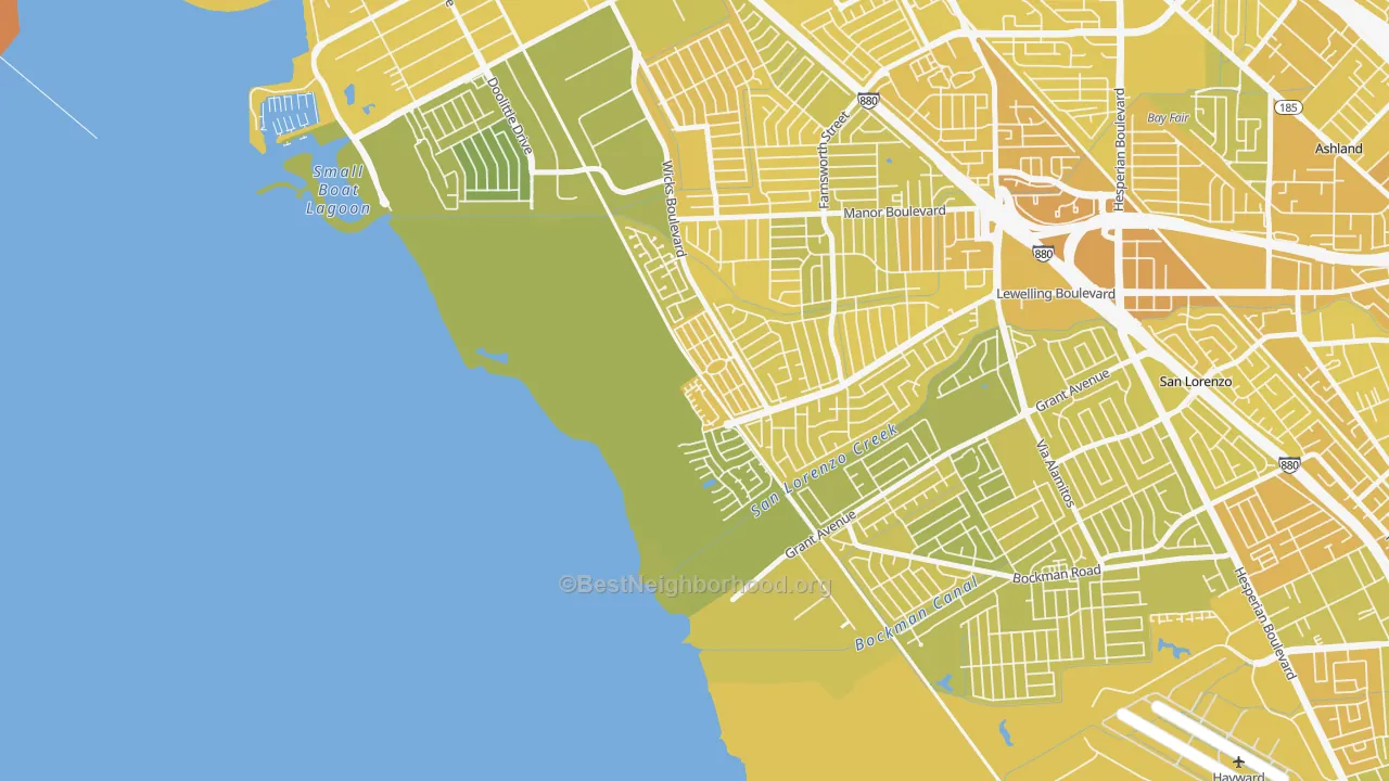 Map of the best neighborhoods in the Heron Bay, San Leandro area, with better matches in green and worse matches in red
