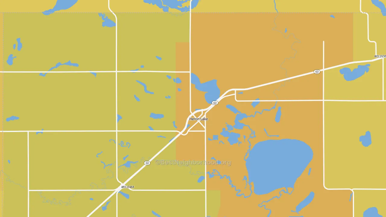 Map of the best neighborhoods in the Heron Lake area, with better matches in green and worse matches in red