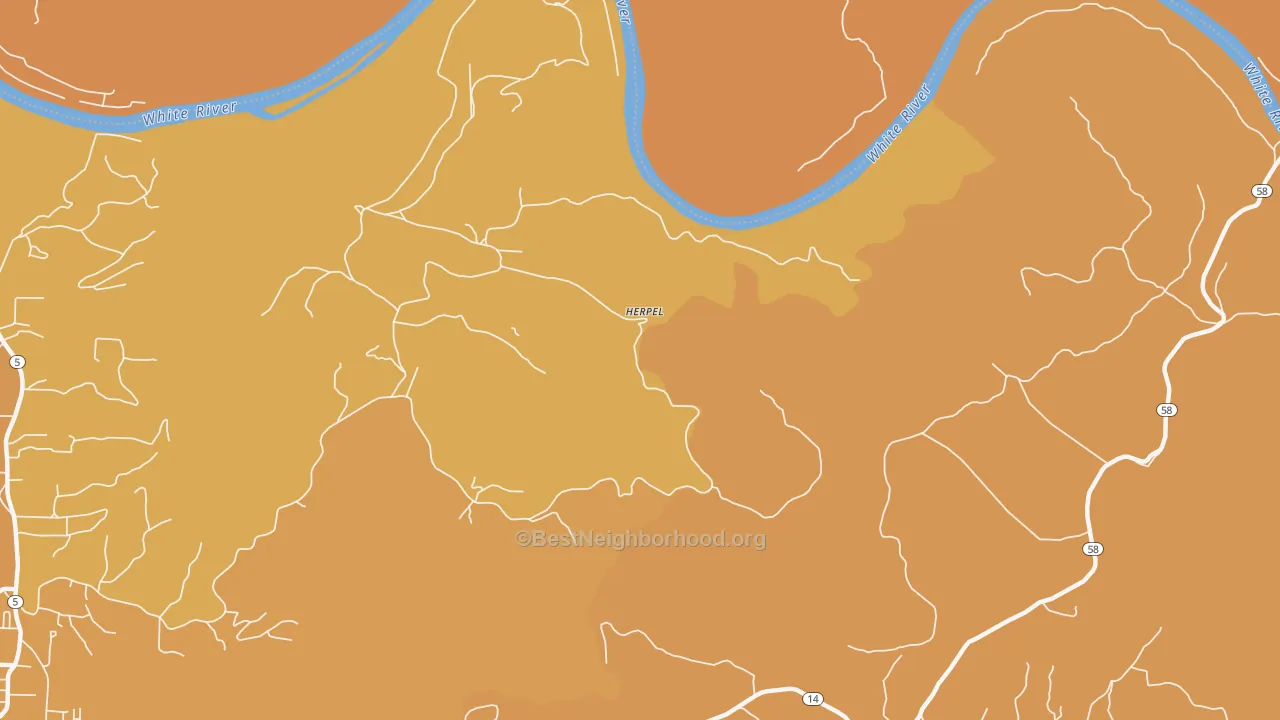 Map of the best neighborhoods in the Herpel area, with better matches in green and worse matches in red