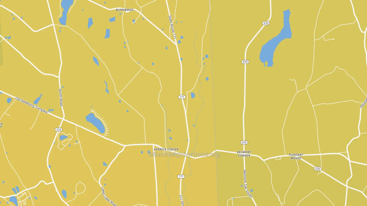 Map of the best neighborhoods in the Herrick Center area, with better matches in green and worse matches in red