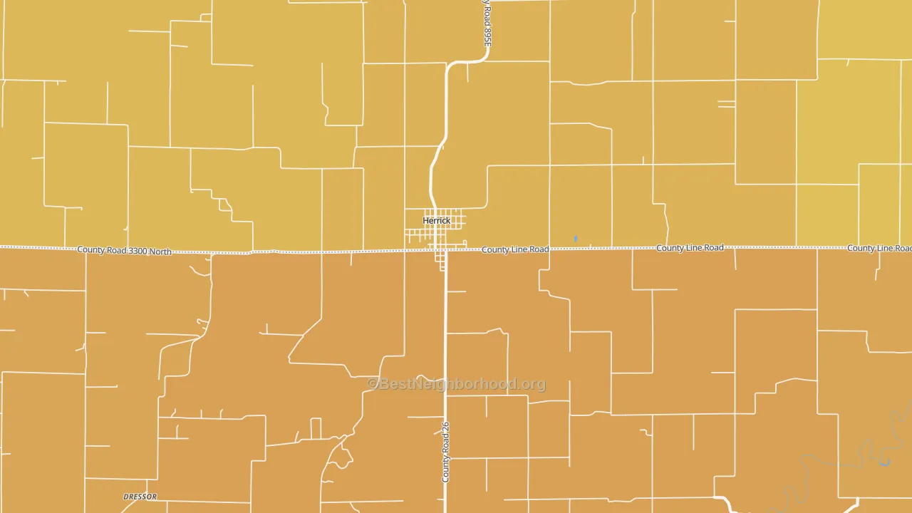 Map of the best neighborhoods in the Herrick area, with better matches in green and worse matches in red