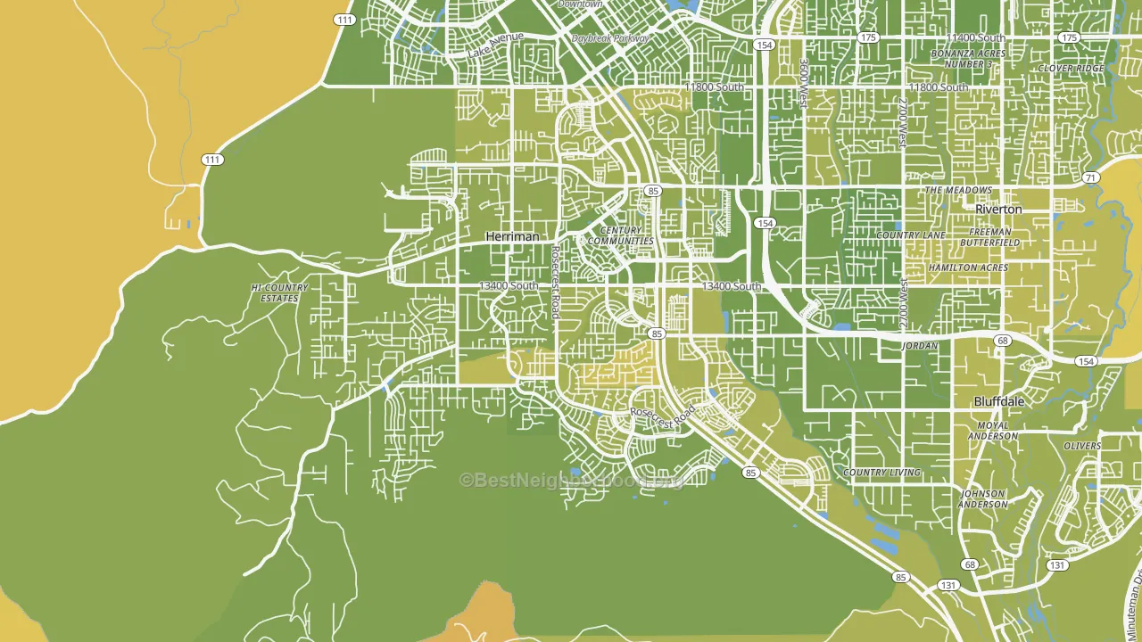 Map of the best neighborhoods in the Herriman area, with better matches in green and worse matches in red