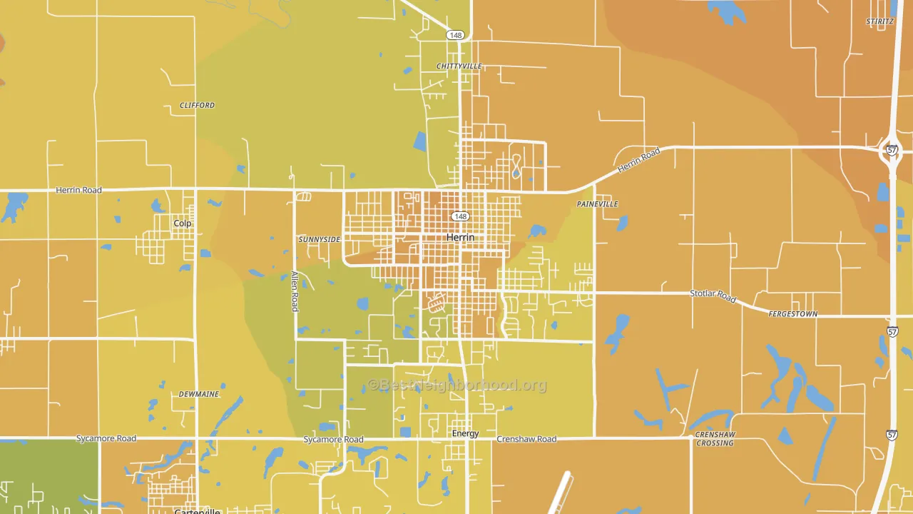 Map of the best neighborhoods in the Herrin area, with better matches in green and worse matches in red