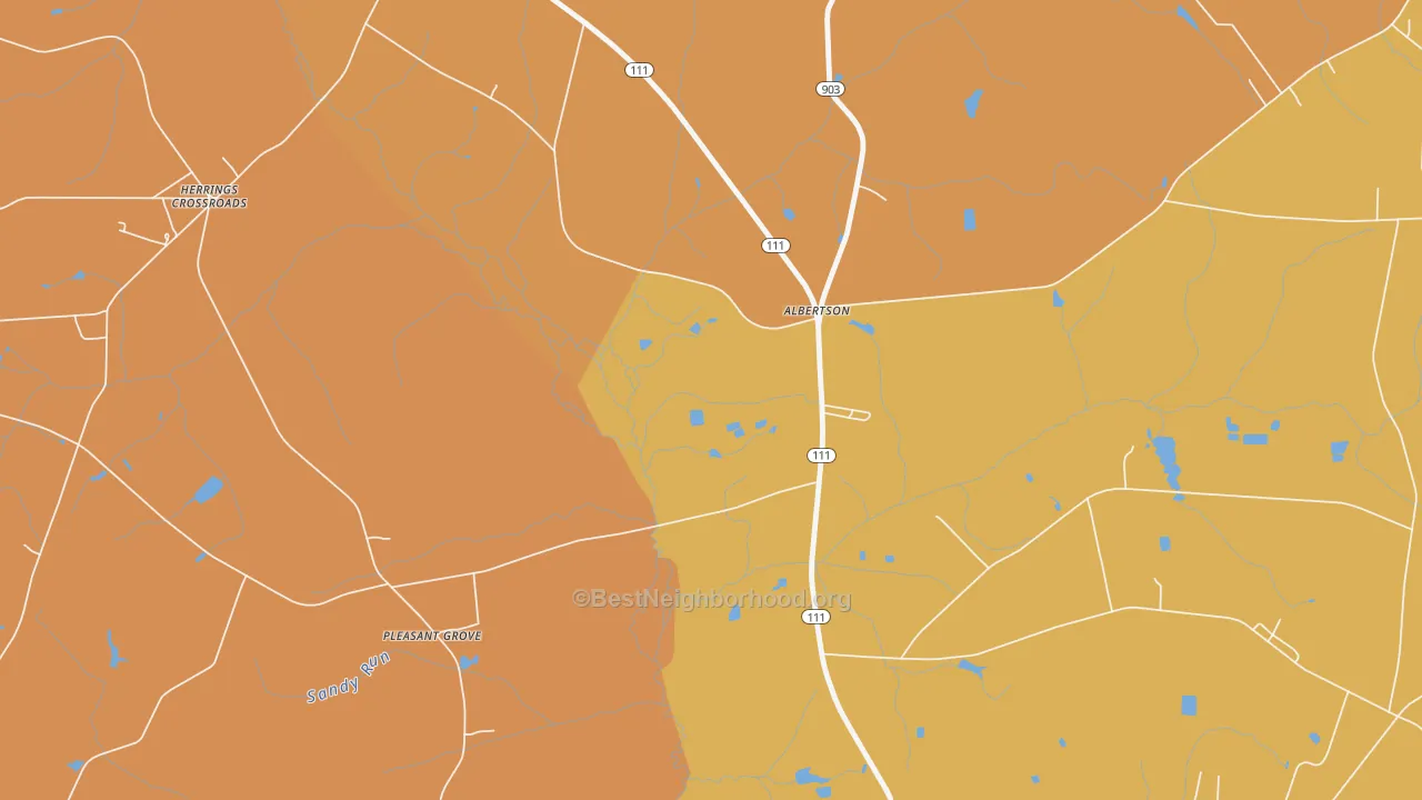 Map of the best neighborhoods in the Herrings Crossroads area, with better matches in green and worse matches in red