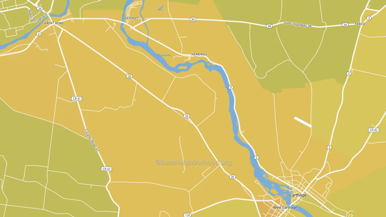 Map of the best neighborhoods in the Herrings area, with better matches in green and worse matches in red