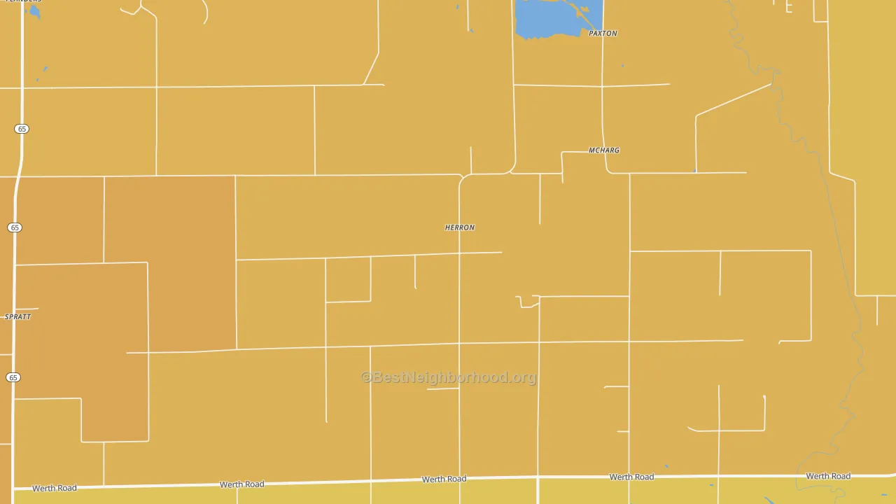 Map of the best neighborhoods in the Herron area, with better matches in green and worse matches in red