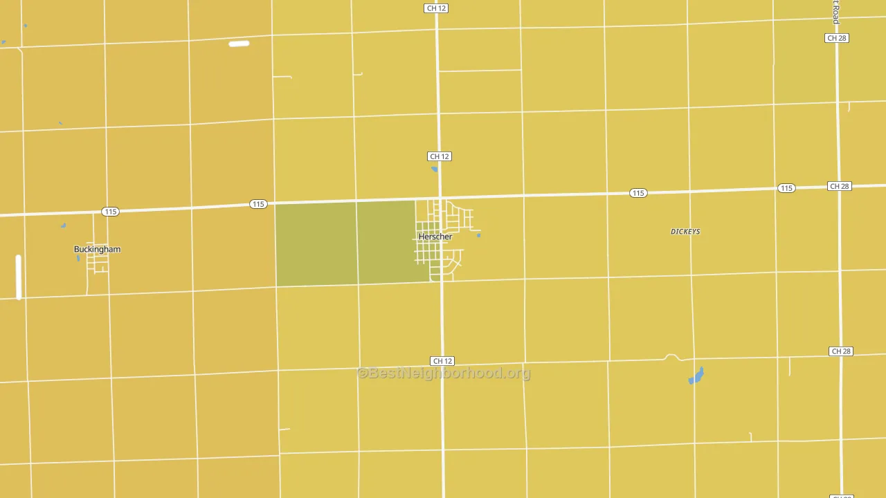 Map of the best neighborhoods in the Herscher area, with better matches in green and worse matches in red