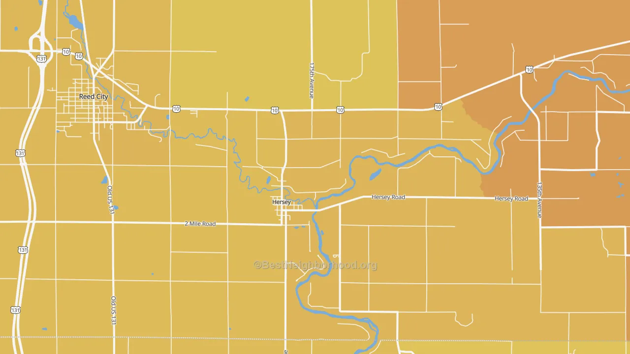 Map of the best neighborhoods in the Hersey area, with better matches in green and worse matches in red