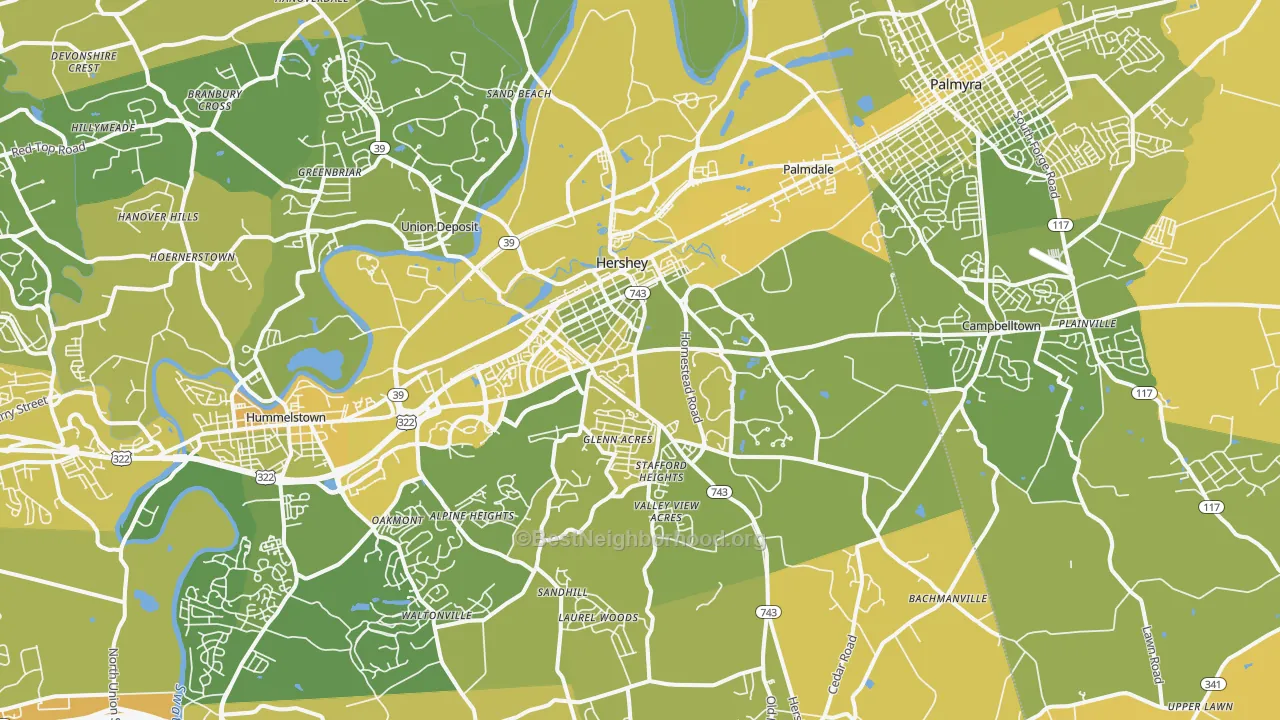 Map of the best neighborhoods in the Hershey area, with better matches in green and worse matches in red