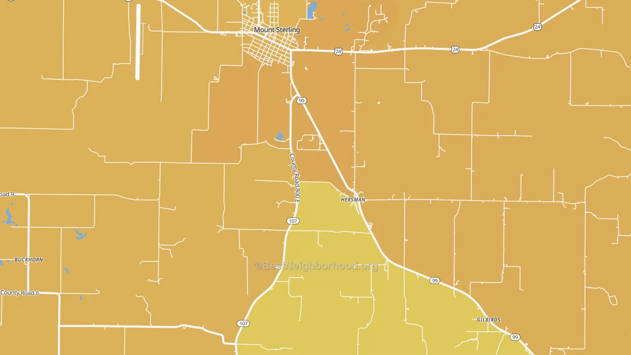 Map of the best neighborhoods in the Hersman area, with better matches in green and worse matches in red