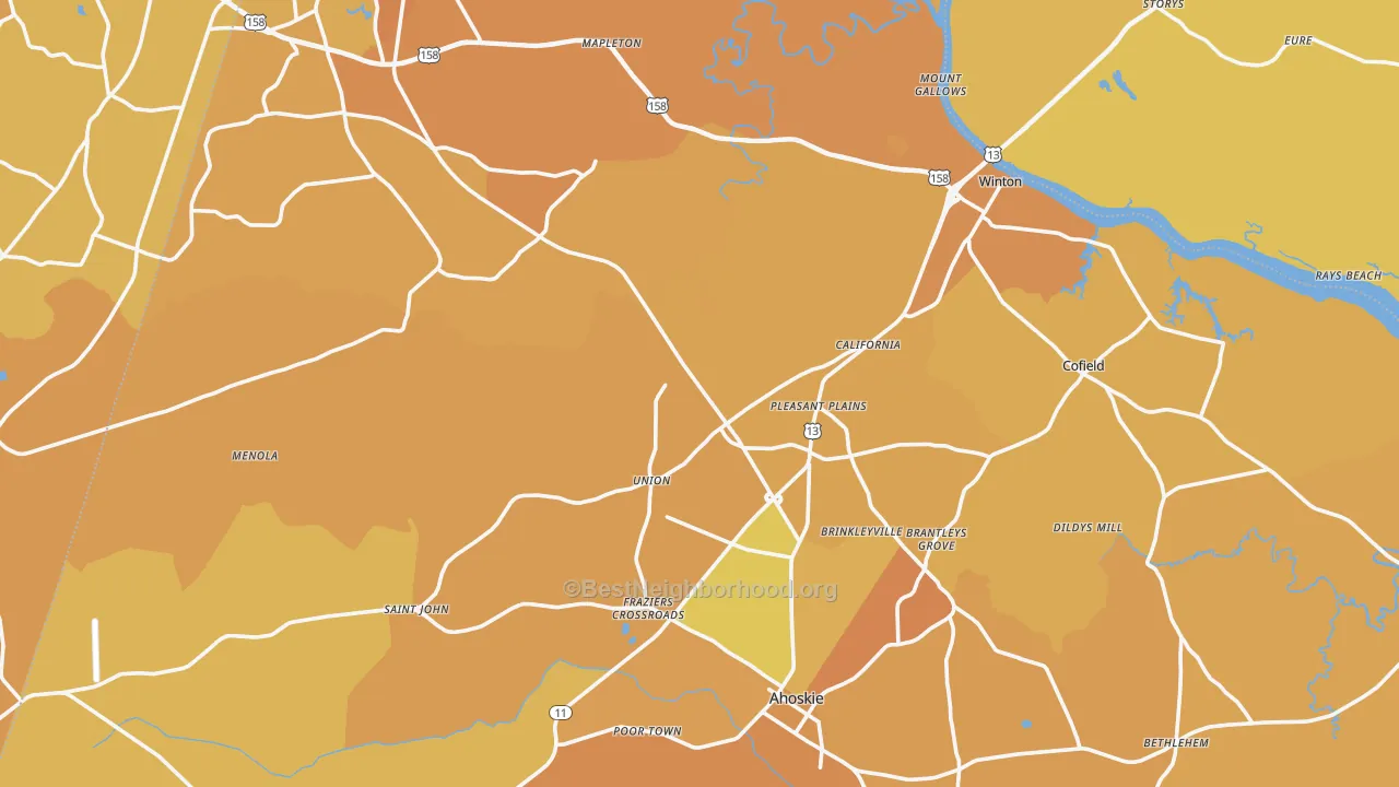 Map of the best neighborhoods in the Hertford County area, with better matches in green and worse matches in red