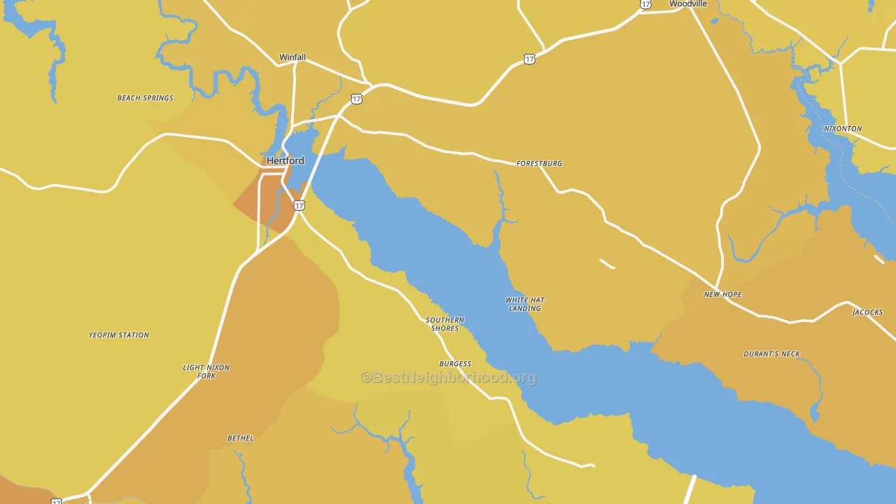 Map of the best neighborhoods in the Hertford area, with better matches in green and worse matches in red
