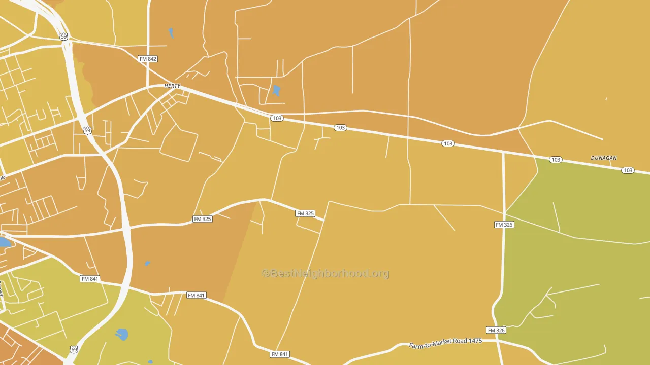 Map of the best neighborhoods in the Herty area, with better matches in green and worse matches in red