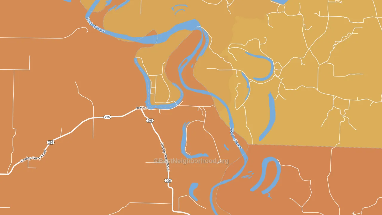 Map of the best neighborhoods in the Hervey area, with better matches in green and worse matches in red