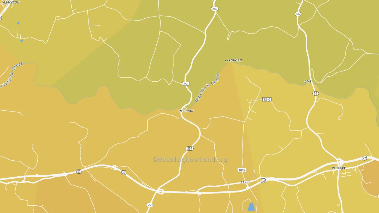 Map of the best neighborhoods in the Heshbon area, with better matches in green and worse matches in red