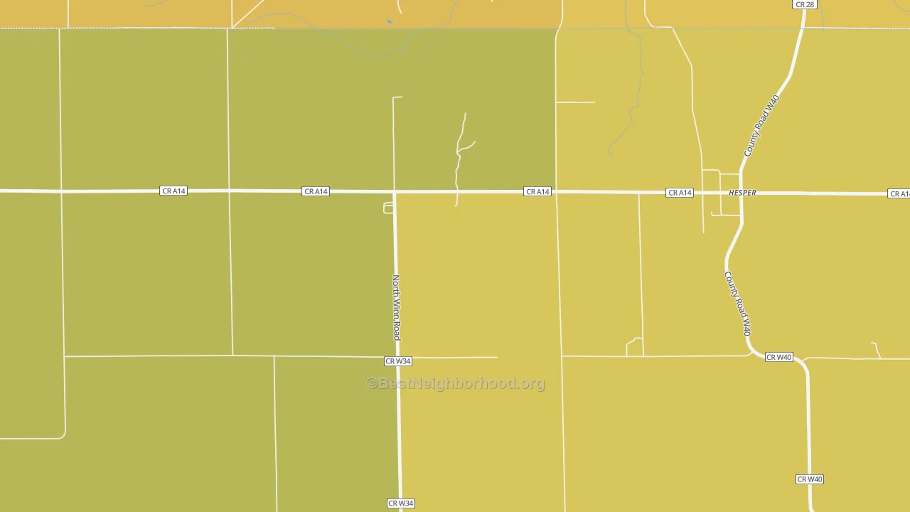 Map of the best neighborhoods in the Hesper area, with better matches in green and worse matches in red