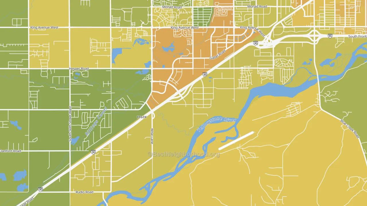 Map of the best neighborhoods in the Hesper area, with better matches in green and worse matches in red