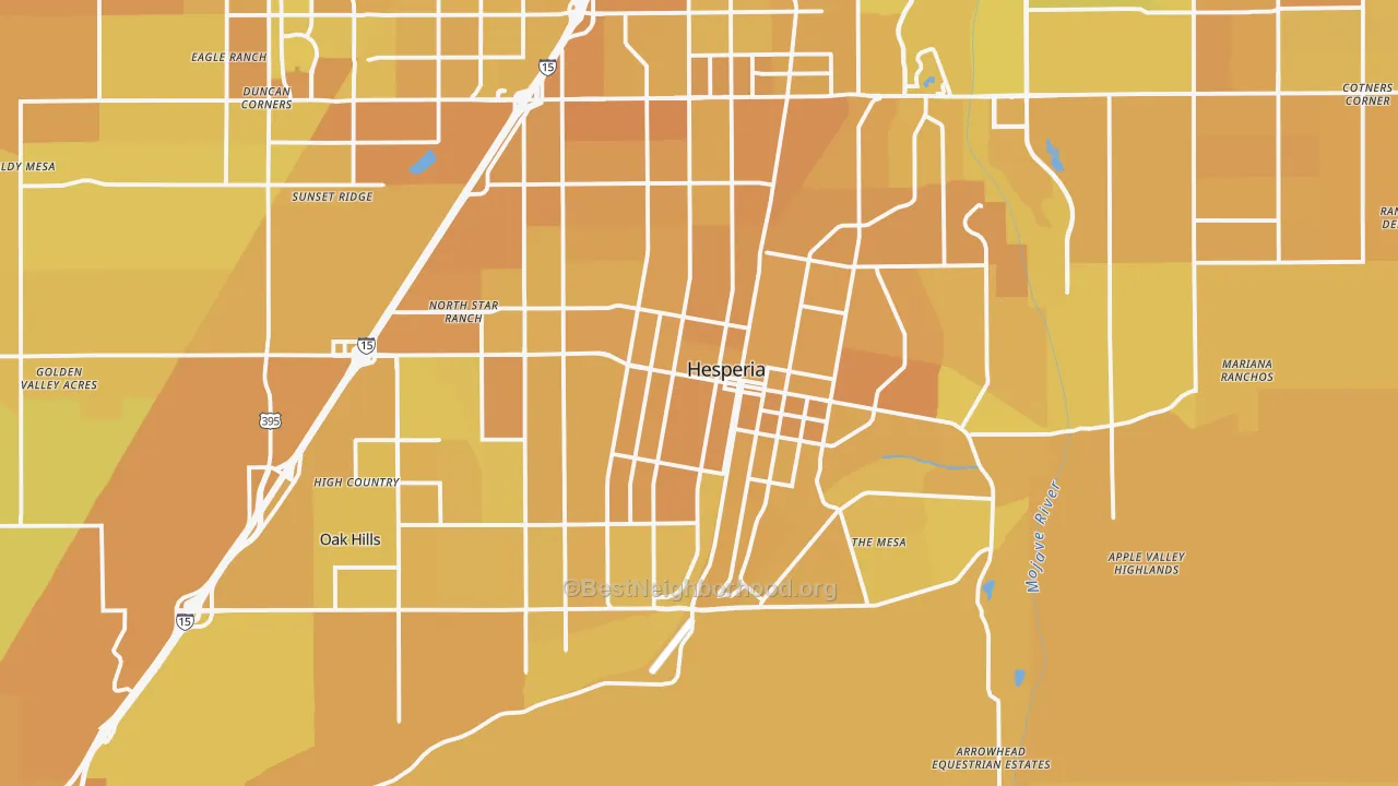 Map of the best neighborhoods in the Hesperia area, with better matches in green and worse matches in red