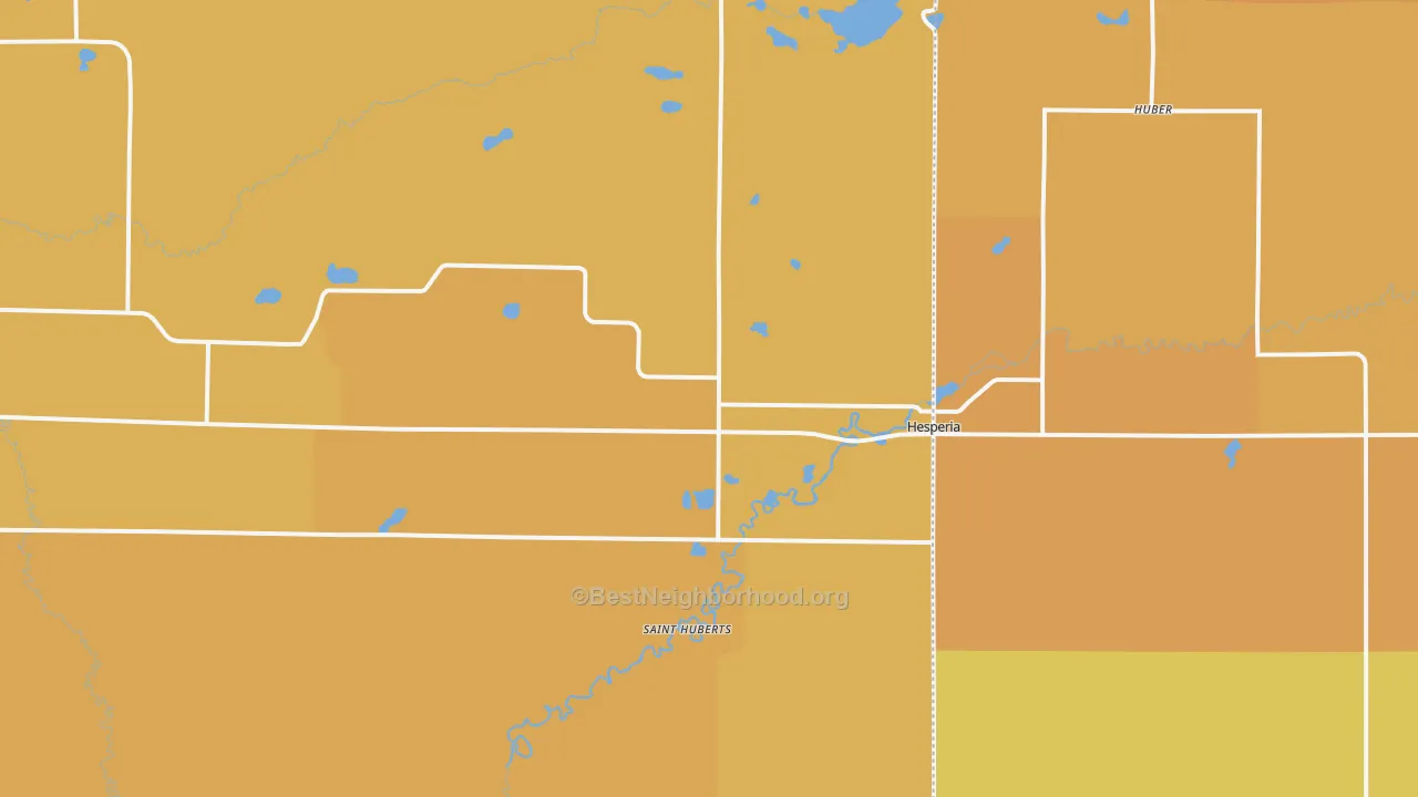 Map of the best neighborhoods in the Hesperia area, with better matches in green and worse matches in red