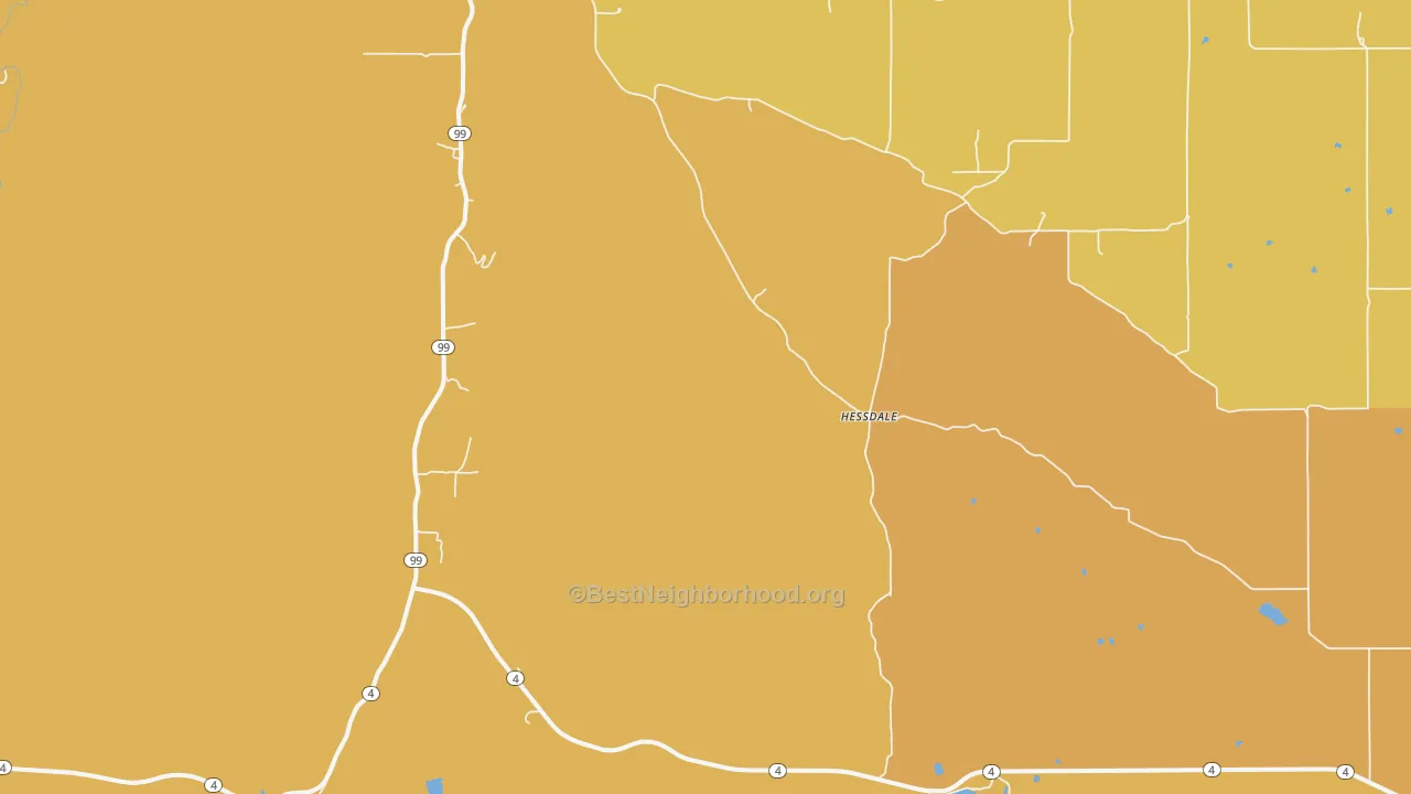 Map of the best neighborhoods in the Hessdale area, with better matches in green and worse matches in red