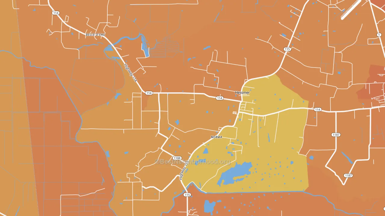 Map of the best neighborhoods in the Hessmer area, with better matches in green and worse matches in red