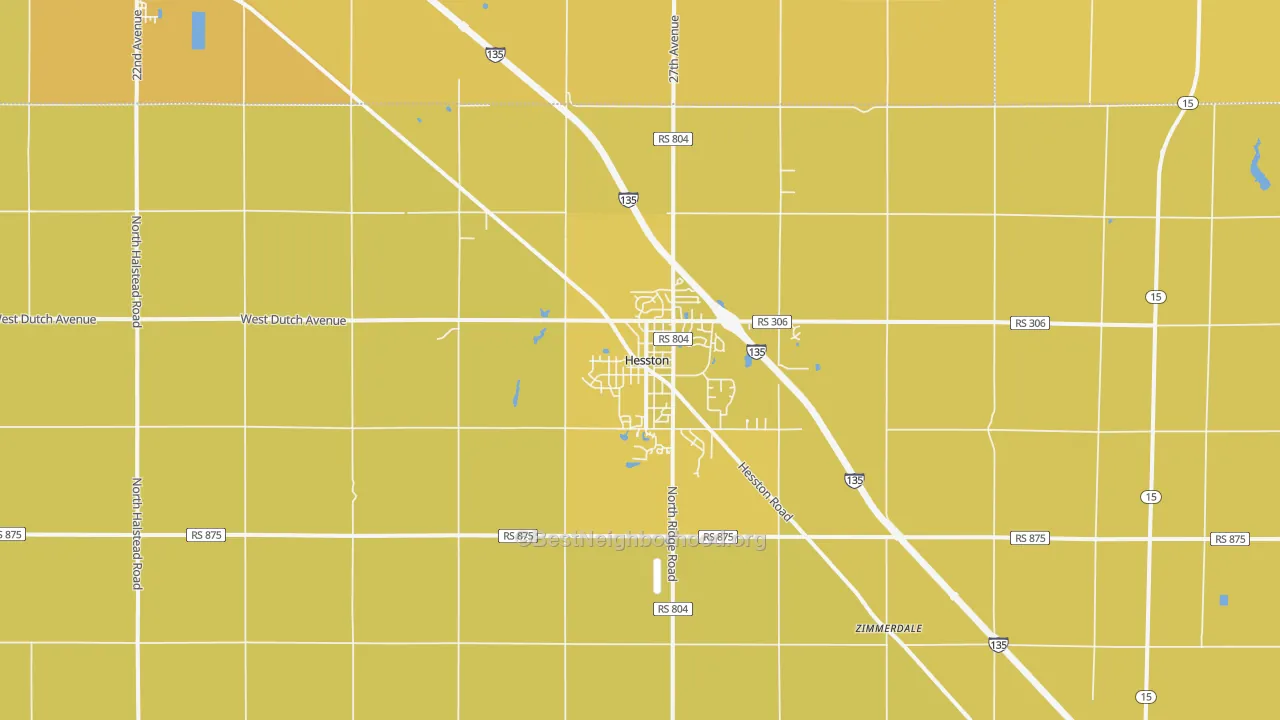 Map of the best neighborhoods in the Hesston area, with better matches in green and worse matches in red