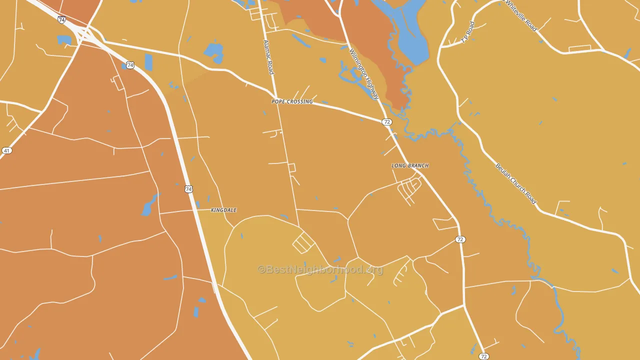 Map of the best neighborhoods in the Hestertown area, with better matches in green and worse matches in red