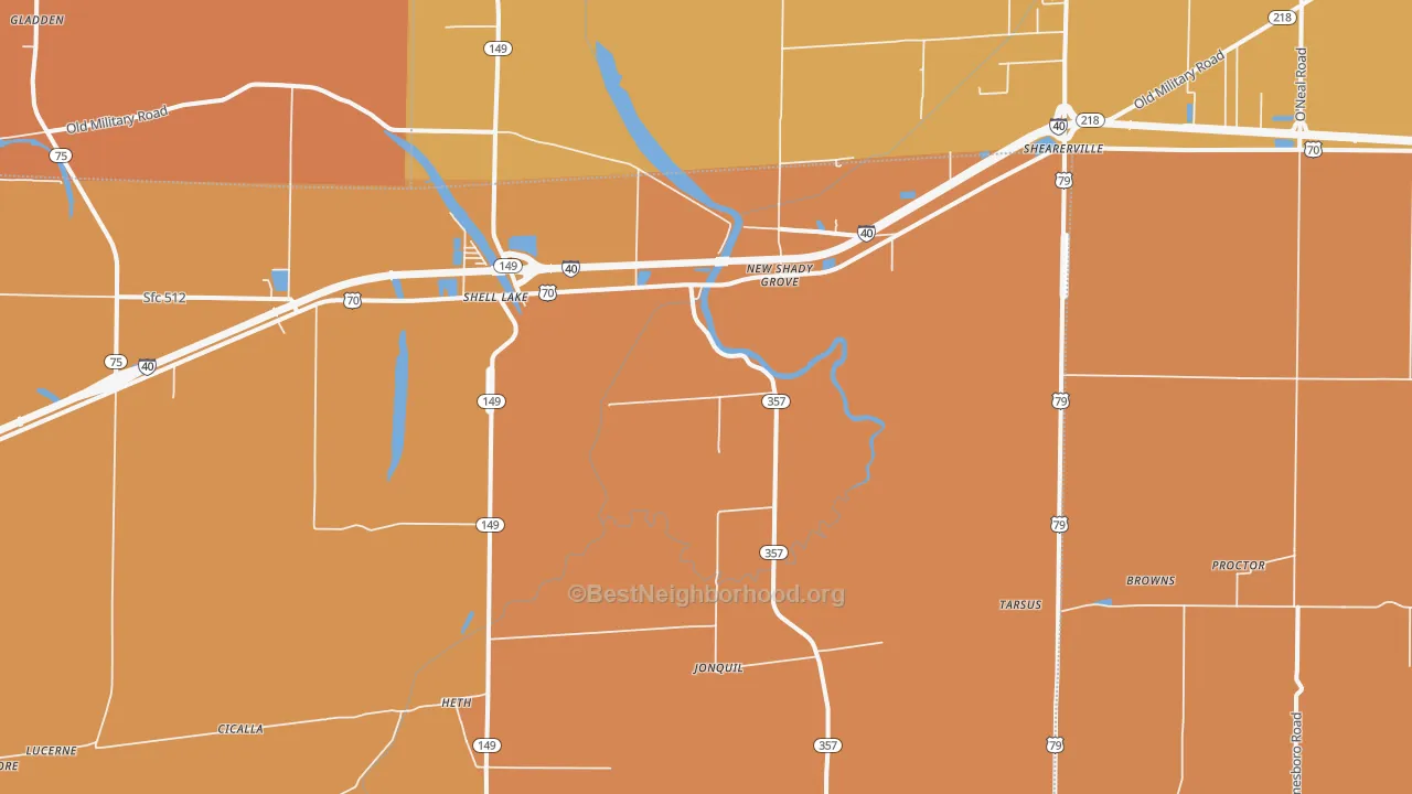 Map of the best neighborhoods in the Heth area, with better matches in green and worse matches in red