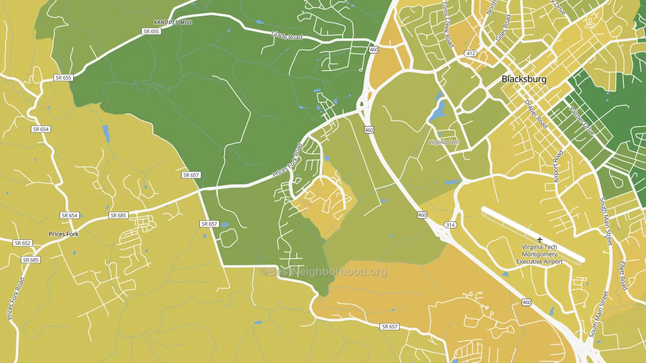 Map of the best neighborhoods in the Hethwood-Prices Fork, Blacksburg area, with better matches in green and worse matches in red