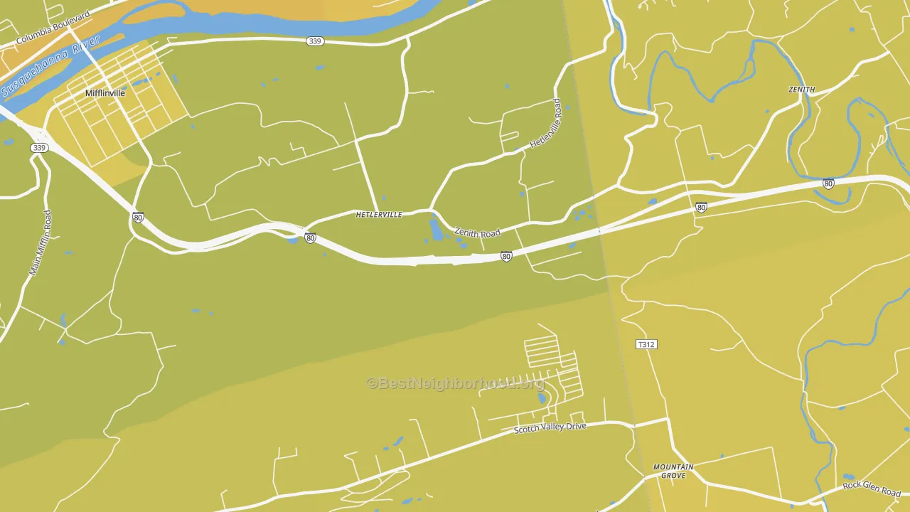 Map of the best neighborhoods in the Hetlerville area, with better matches in green and worse matches in red