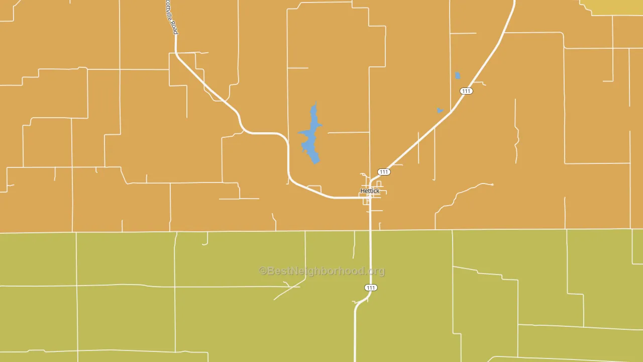 Map of the best neighborhoods in the Hettick area, with better matches in green and worse matches in red