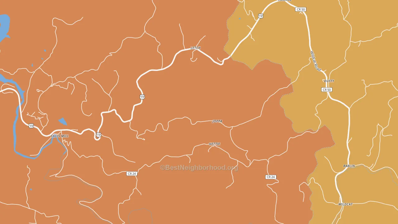 Map of the best neighborhoods in the Hettie area, with better matches in green and worse matches in red