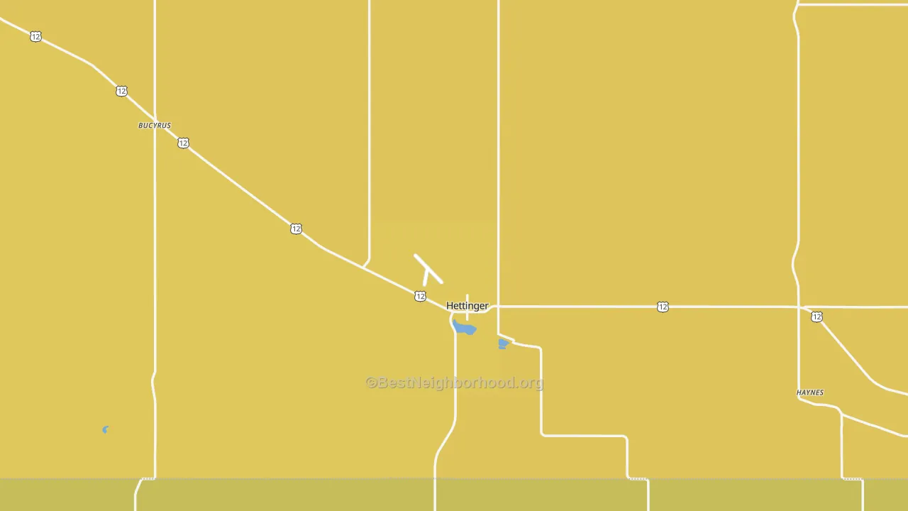 Map of the best neighborhoods in the Hettinger area, with better matches in green and worse matches in red