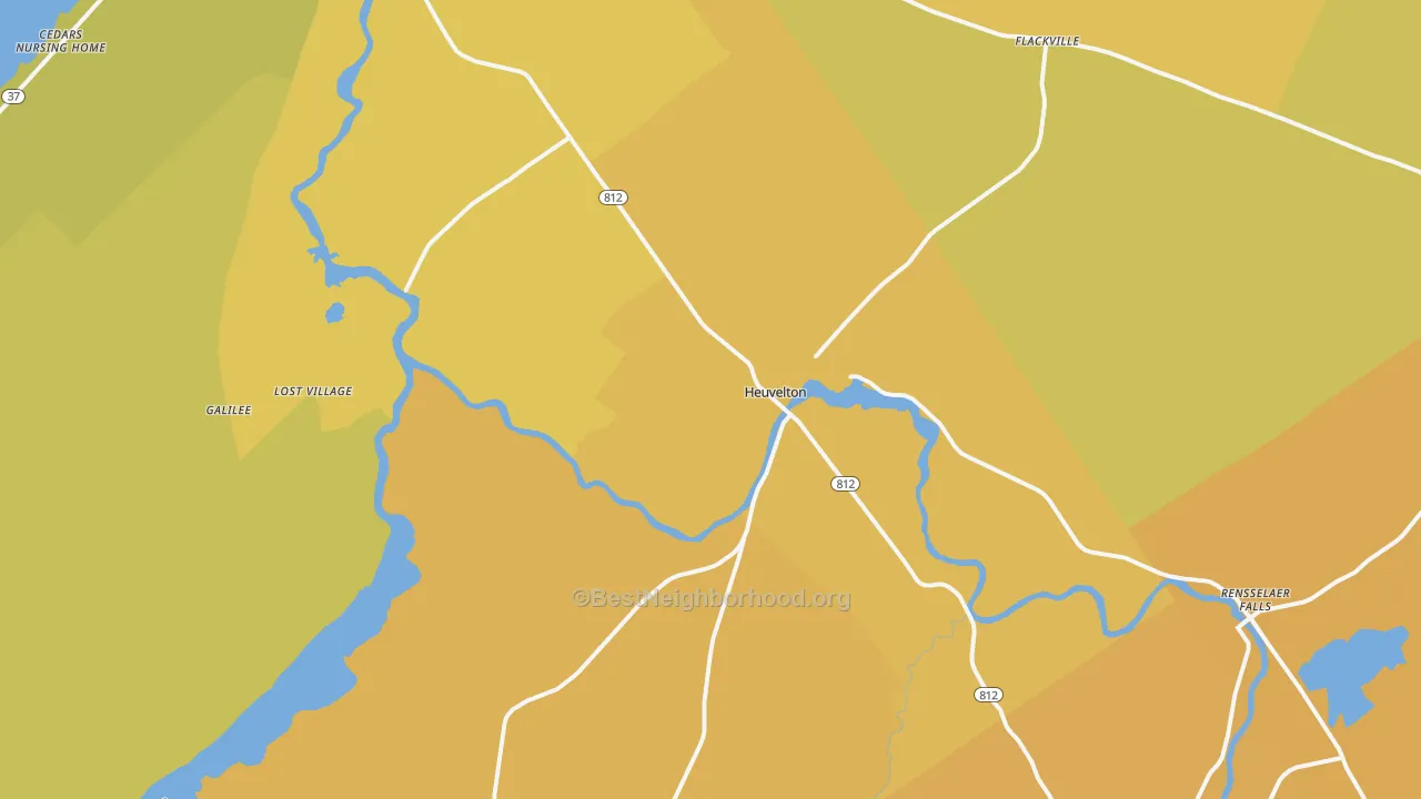 Map of the best neighborhoods in the Heuvelton area, with better matches in green and worse matches in red