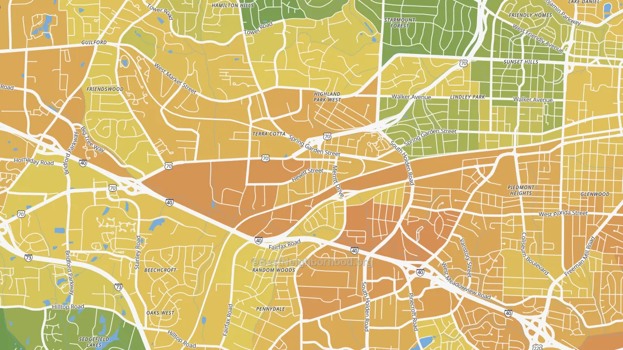 Map of the best neighborhoods in the Hewitt Area, Greensboro area, with better matches in green and worse matches in red