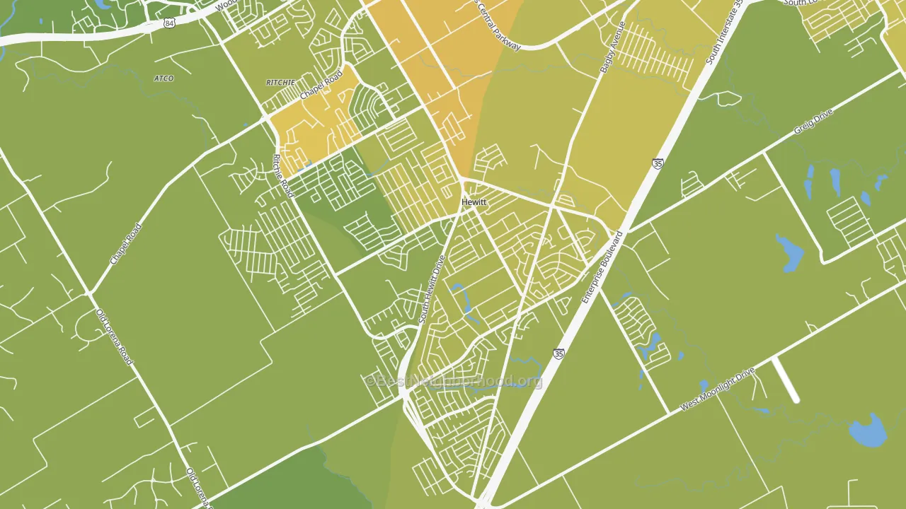 Map of the best neighborhoods in the Hewitt area, with better matches in green and worse matches in red