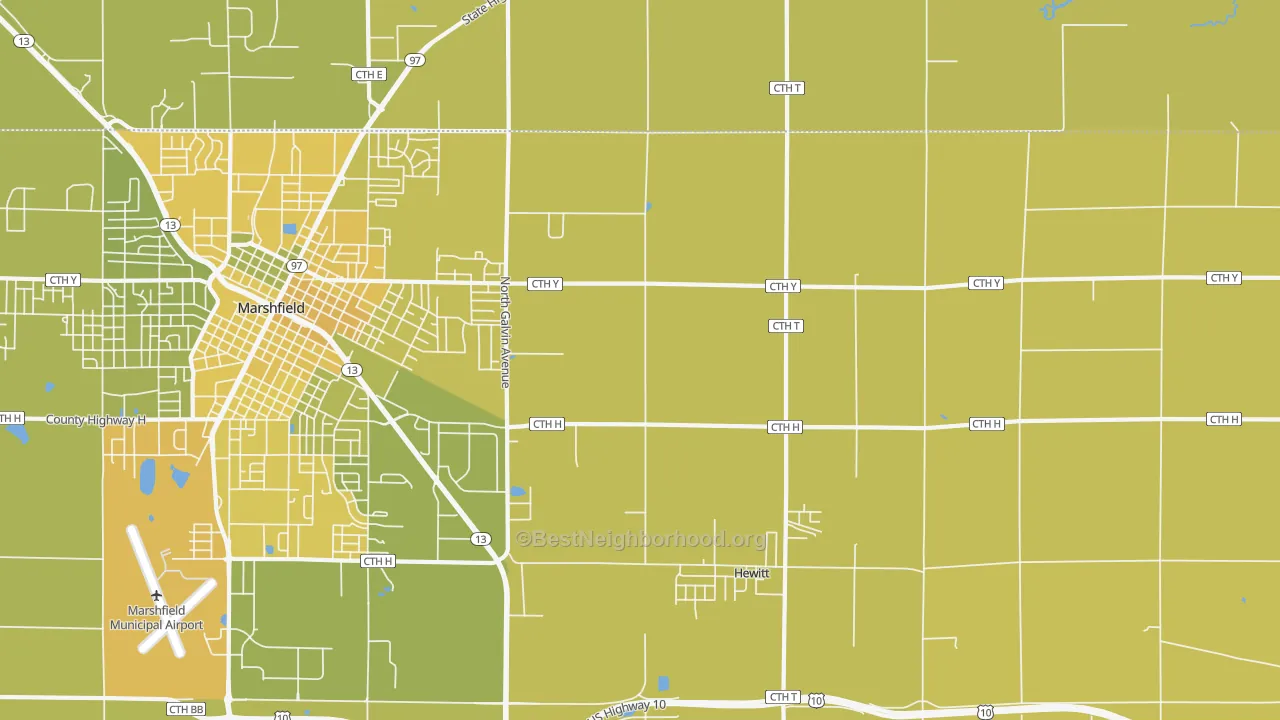 Map of the best neighborhoods in the Hewitt area, with better matches in green and worse matches in red