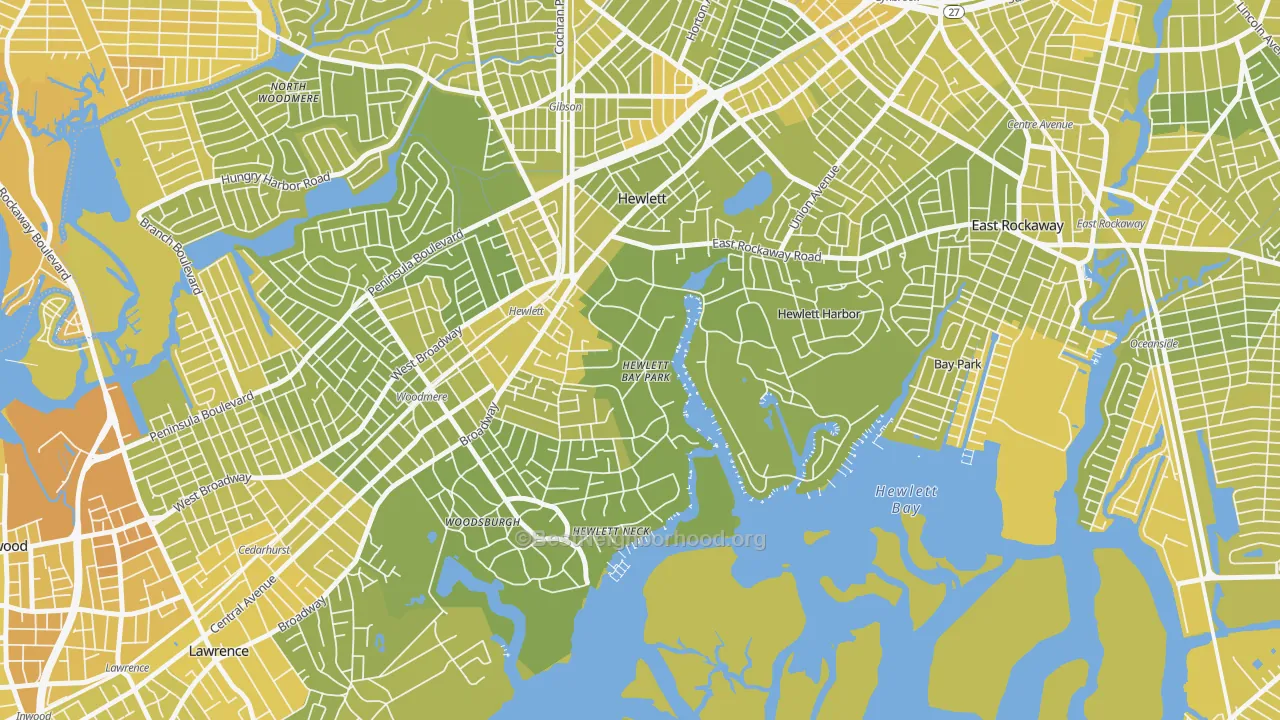 Map of the best neighborhoods in the Hewlett Bay Park area, with better matches in green and worse matches in red