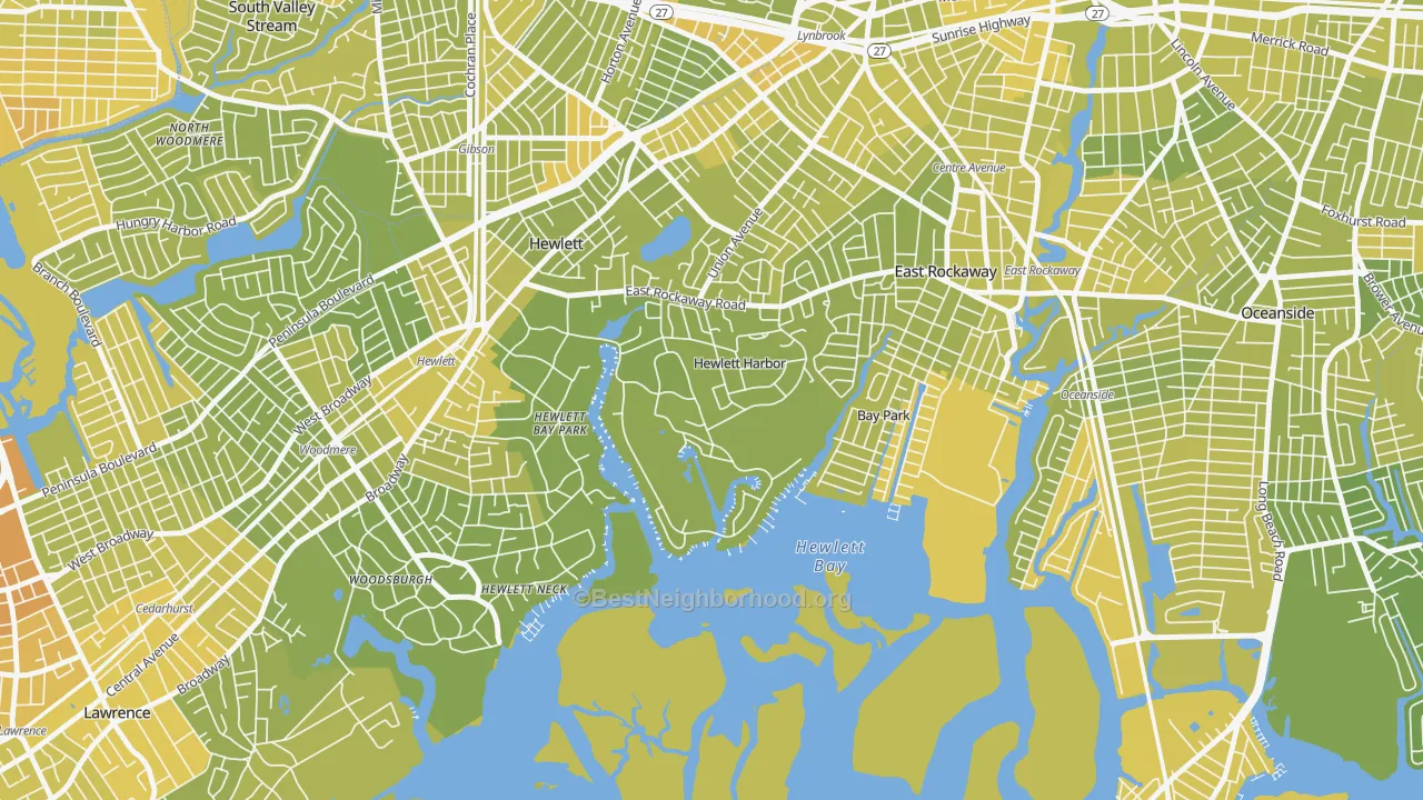 Map of the best neighborhoods in the Hewlett Harbor area, with better matches in green and worse matches in red