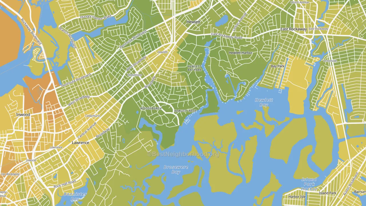 Map of the best neighborhoods in the Hewlett Neck area, with better matches in green and worse matches in red