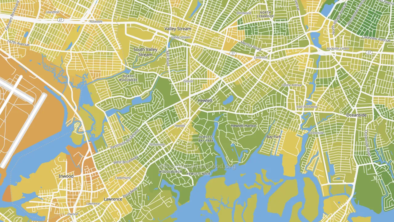Map of the best neighborhoods in the Hewlett area, with better matches in green and worse matches in red