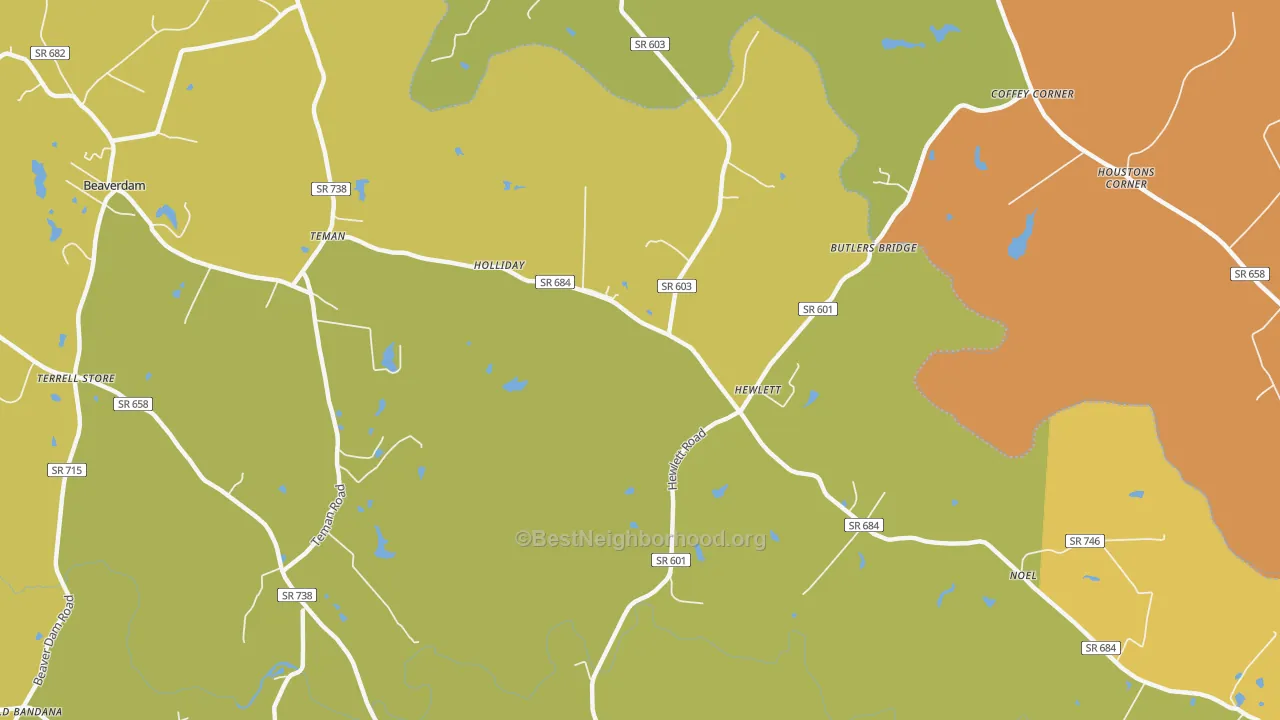 Map of the best neighborhoods in the Hewlett area, with better matches in green and worse matches in red