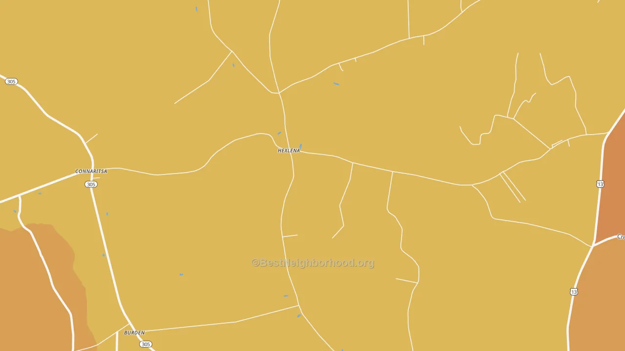 Map of the best neighborhoods in the Hexlena area, with better matches in green and worse matches in red